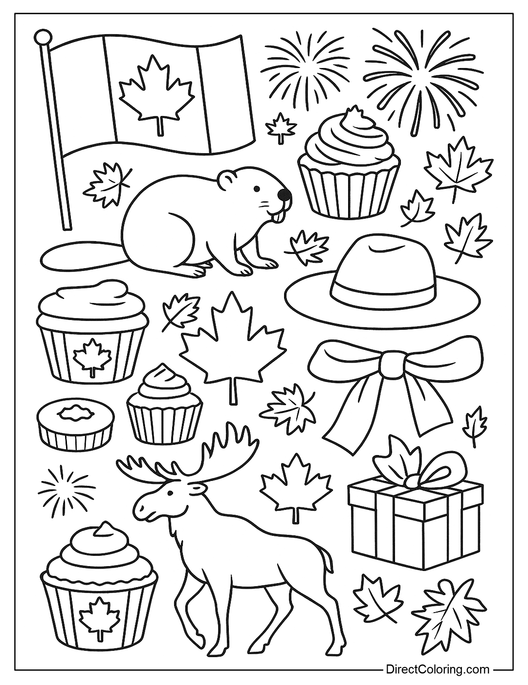 A coloring page of a collage of Canada Day symbols: flags, cakes, animals, fireworks, cowboy hats